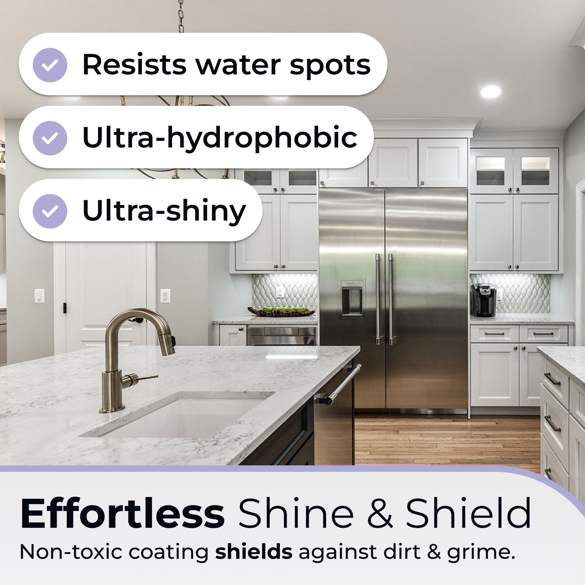 Fixture Shield ceramic coating protects kitchen surfaces, offering water spot resistance, ultra-hydrophobic properties, and ultra-shiny finish for long-lasting shine.