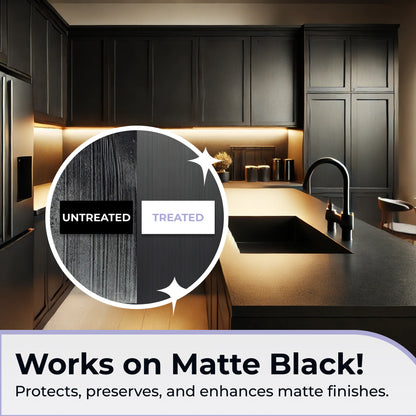 Fixture Shield ceramic coating enhances and protects matte black kitchen surfaces, maintaining their sleek appearance by preserving the finish from wear and stains.