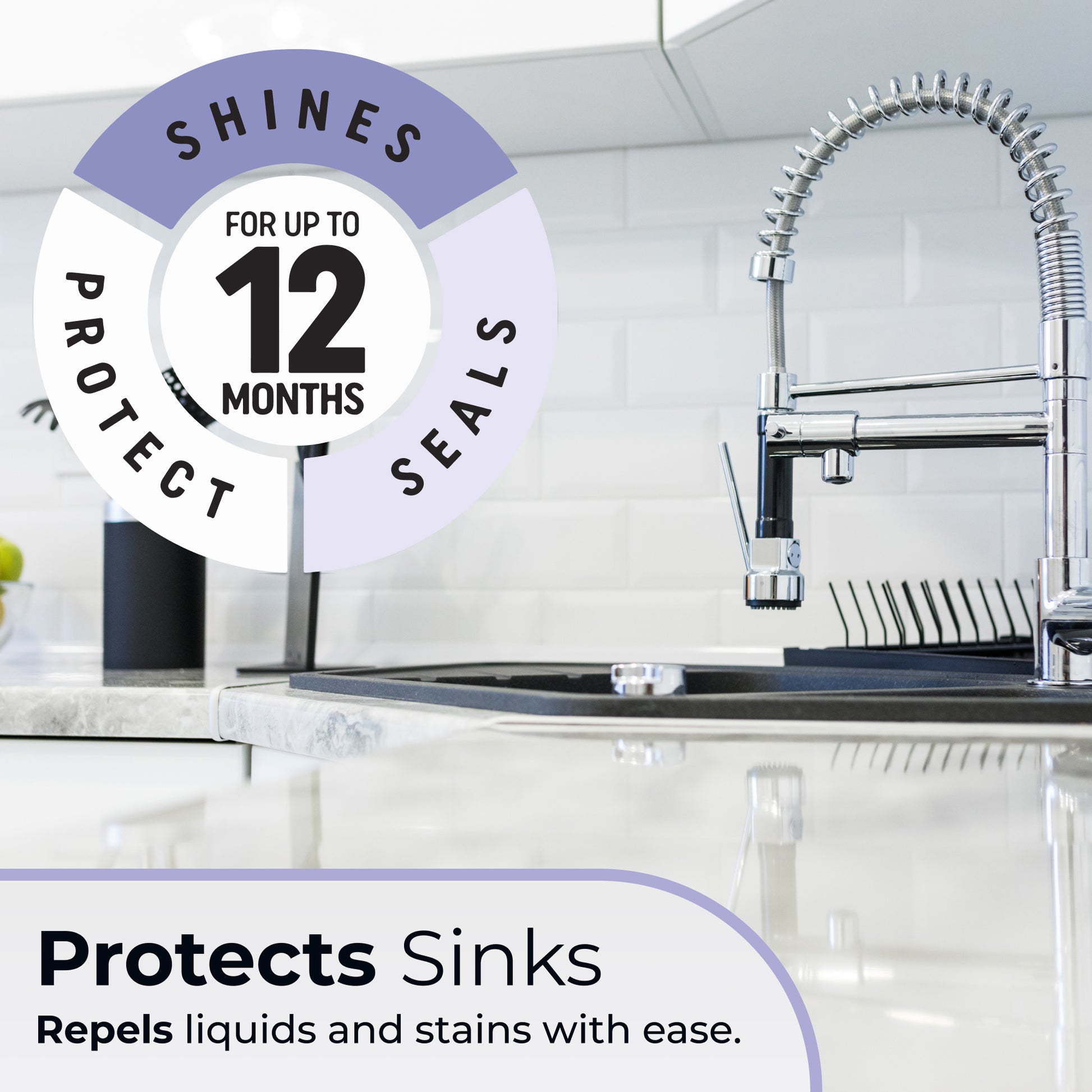 Fixture Shield protects kitchen sinks, repelling liquids and stains while providing a long-lasting shine and protection for up to 12 months.