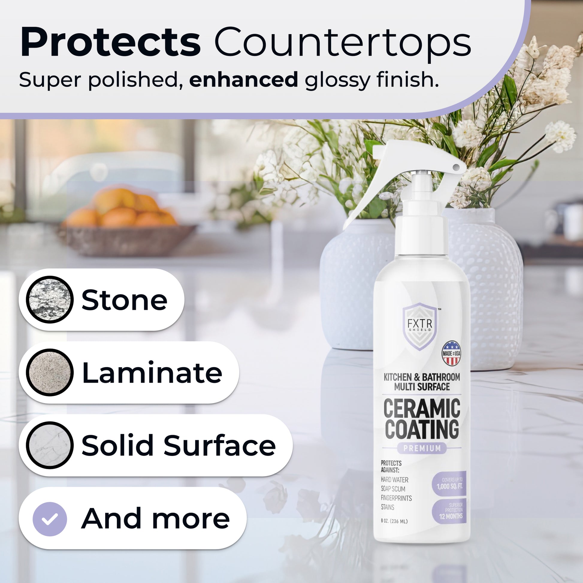 Fixture Shield ceramic coating protects stone, laminate, and solid surface countertops, providing a polished, glossy finish and shielding from stains and damage.