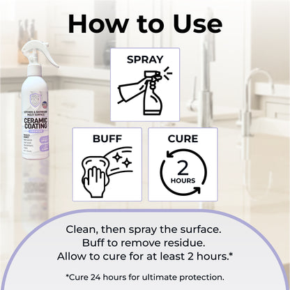 Fixture Shield ceramic coating spray bottle with instructions: spray, buff, and cure for 2 hours for maximum surface protection. Perfect for kitchen and bathroom use.