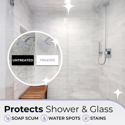 Fixture Shield ceramic coating shields shower glass from soap scum, water spots, and stains, keeping surfaces clean and clear with a treated vs. untreated comparison.