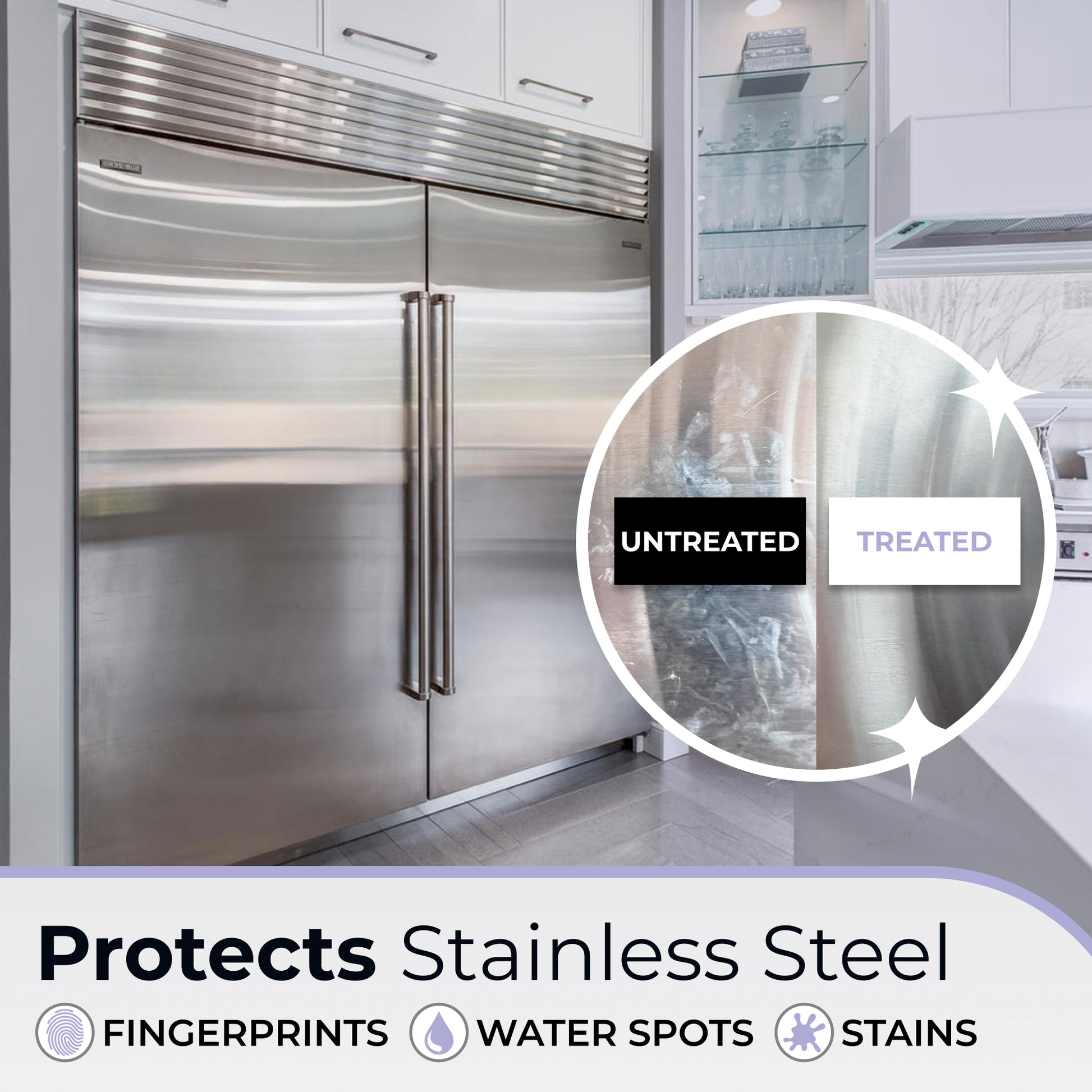 Fixture Shield ceramic coating protects stainless steel appliances from fingerprints, water spots, and stains. Before and after comparison of untreated vs. treated surfaces.