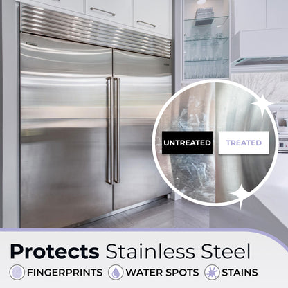 Fixture Shield ceramic coating protects stainless steel appliances from fingerprints, water spots, and stains. Before and after comparison of untreated vs. treated surfaces.